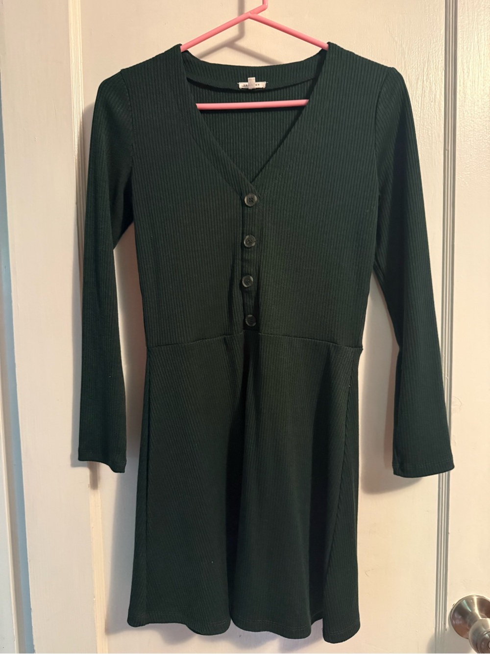 En Creme Dark Green Ribbed Button V-Neck Dress